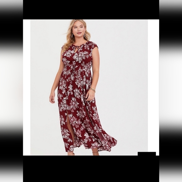COPY - Torrid, Red Floral, Tie Neck, Split Side, Maxi Dress - Picture 1 of 6